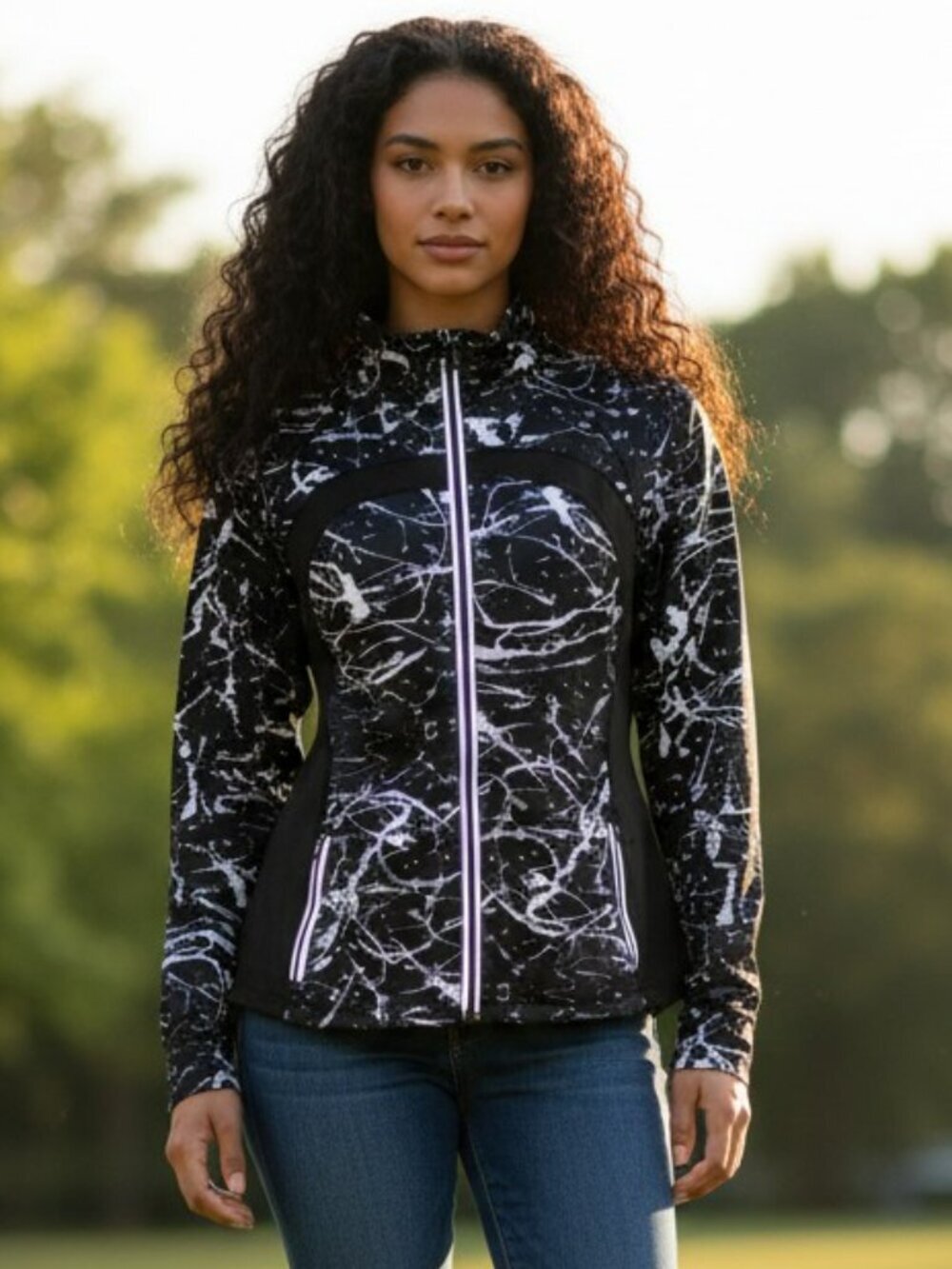 Icyzone Womens Large Black Monochrome Reflectorized Running Pockets Jacket Sz L